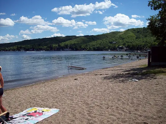 Echo Lake beach and valley hills